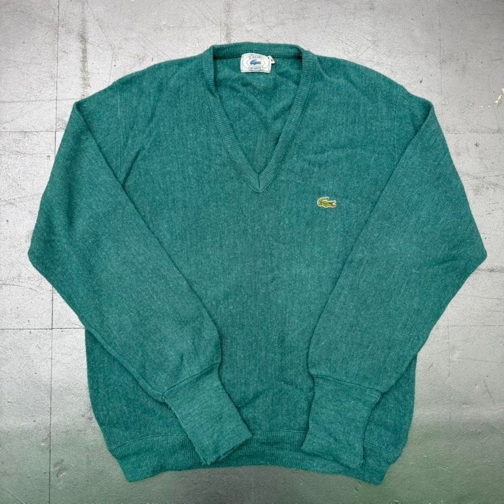 Vintage Izod Lacoste Sweater Mens Medium Green V Neck Knit Pullover Logo